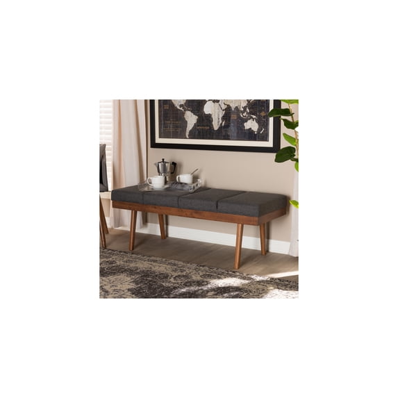 Homestock Victorian Vintage Mid-Century Modern Charcoal Fabric Upholstered Wood Bench, Channel Tufted, Angled Legs, 7.1"D X 18.9"W X 7.1"H