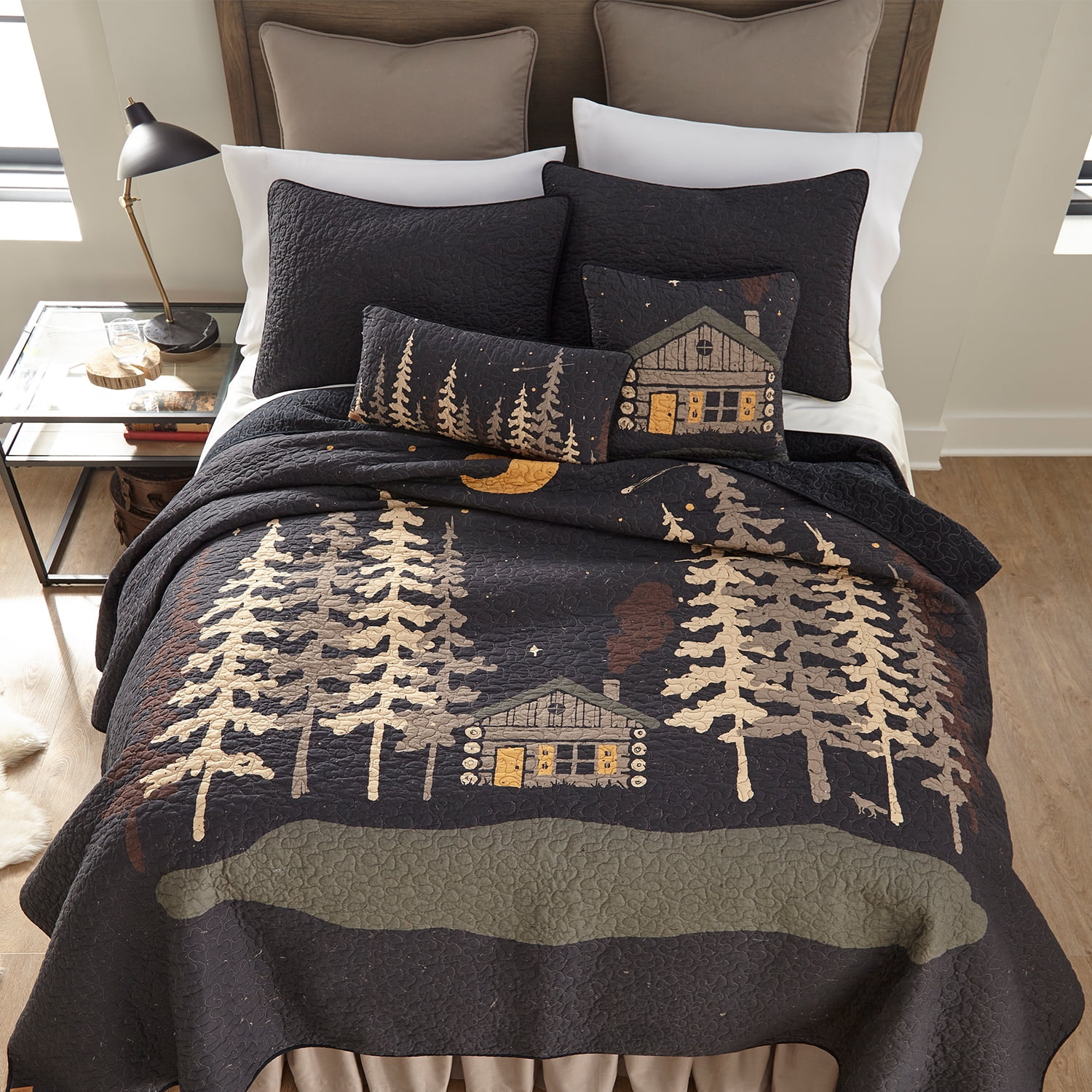Gray Cotton Twin Reversible Cabin Quilt Set