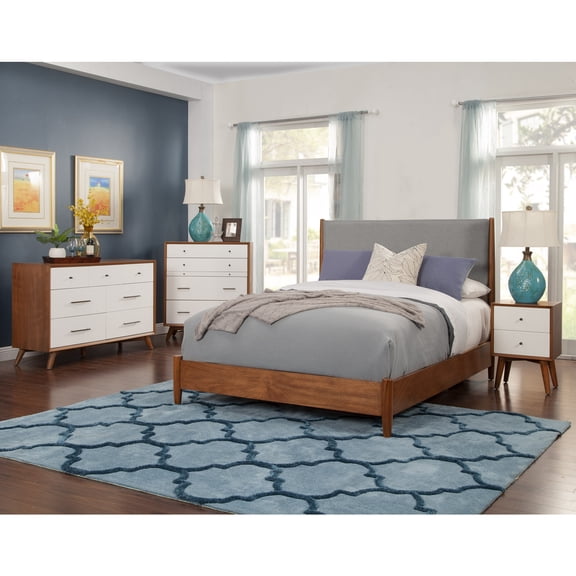 Vintage Full Size Bed - Victorian Style Panel Bed with Nailhead Trim, Mahogany Grey Upholstered Headboard