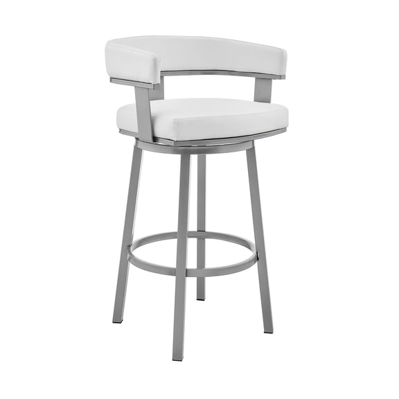 Homestock Vintage Variety 30" Bar Height Swivel Bar Stool in Silver Finish with White Faux Leather