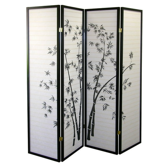 Homestock Vintage Variety 4-Panel Room Divider - Bamboo, Paper Panel Divider, Bamboo Silhouettes, Sleek Black Finish Frame, Foldable Room Divider