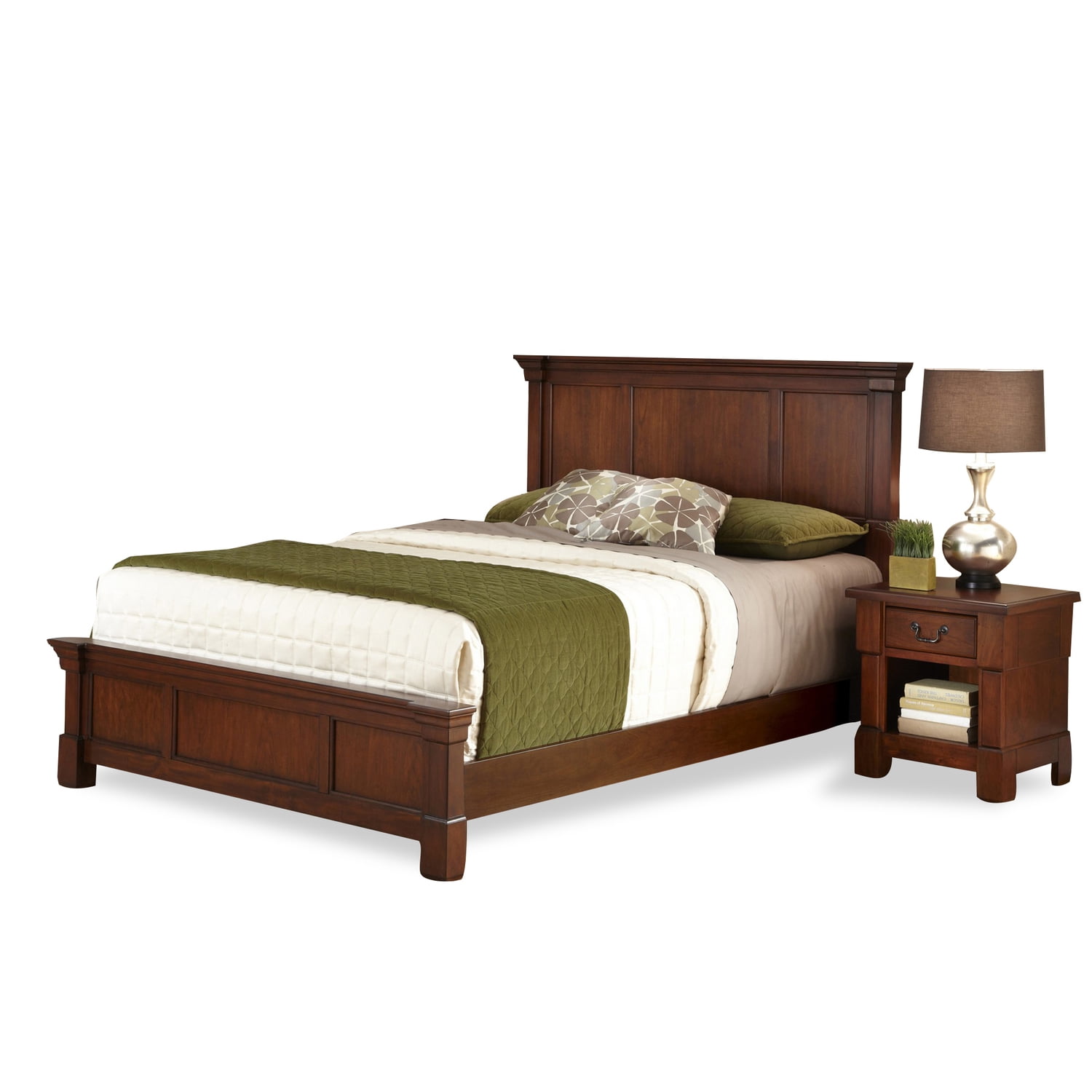 Queen Size Rustic Cherry Brown Wood Bed and Nightstand Set