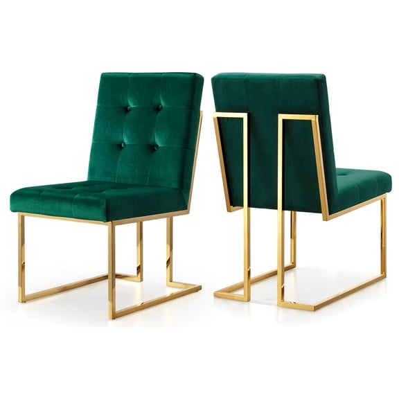 Vintage Visions Modern, Contemporary Velvet Dining Chair with Luxurious Deep Tufting and Polished Gold Metal Frame, Set of 2, Green, 18.5" W x 25" D x 36.5" H