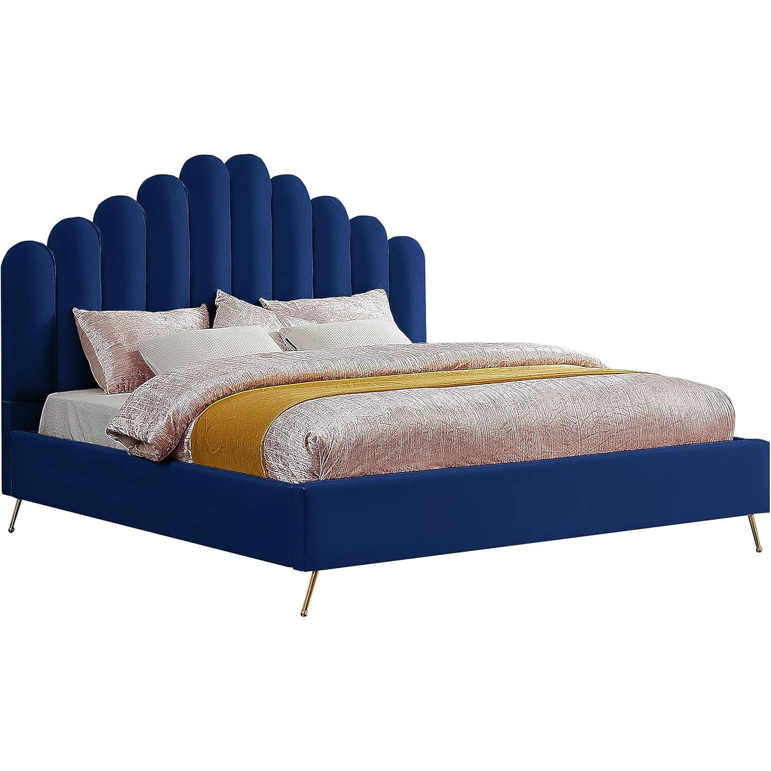 Navy Velvet Full Bed with Tufted Upholstered Headboard and Gold Legs
