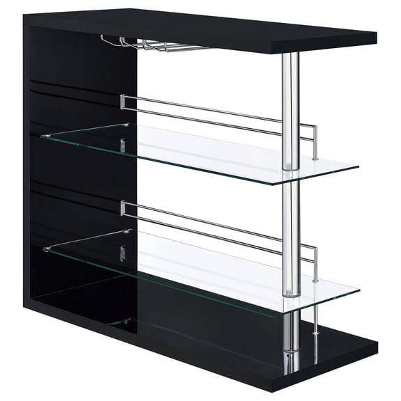 Homestock Vintage Vogue Rectangular 2-Shelf Bar Unit, Black High Gloss, 47.25x15.75x43.5", Glass Shelves with Stemware Racks