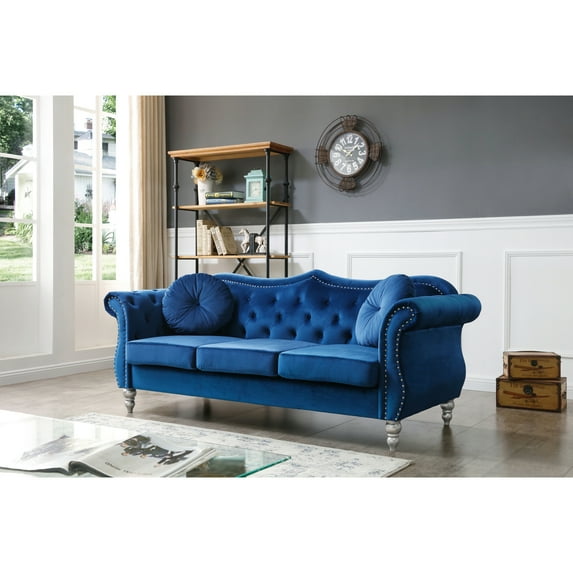 HomeStock Zen Zone Sofa, Navy Blue - 82" x 35" x 34", Soft Velvet with Tufted Design, Nailhead Trim, and 2 Throw Pillows for Elegant Living Spaces