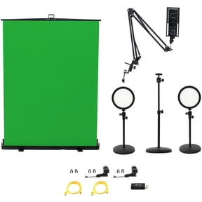 Ikan Homestream Video Kit #4 with 2x Desktop Lights, Pull-Up Green Screen & Podcast Microphone