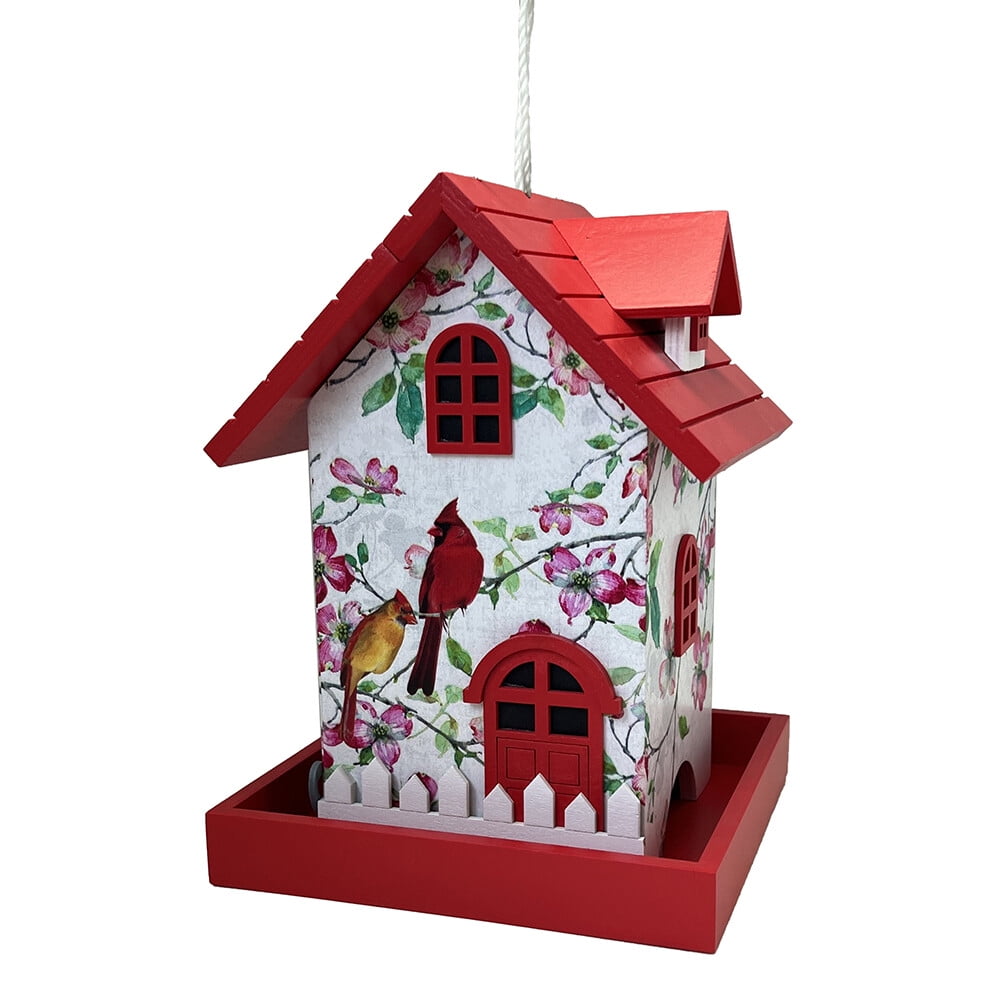Red and White Painted Pine Hanging Bird Feeder with Cardinal Print