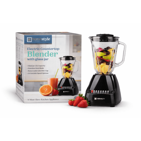 Homestyle Essentials Electric Countertop Blender with Glass Jar 1.5L, 10-Speed Kitchen Blender