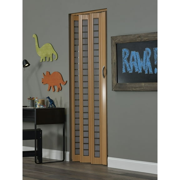 Homestyle Metro PVC Folding Door fits 36" x 80" Beech wood color with frosted squares insert