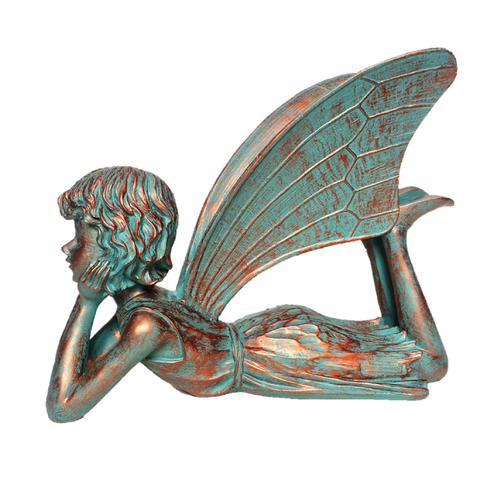 Bronze Patina Dreamer Fairy Garden Statue, 11" x 6" x 14"