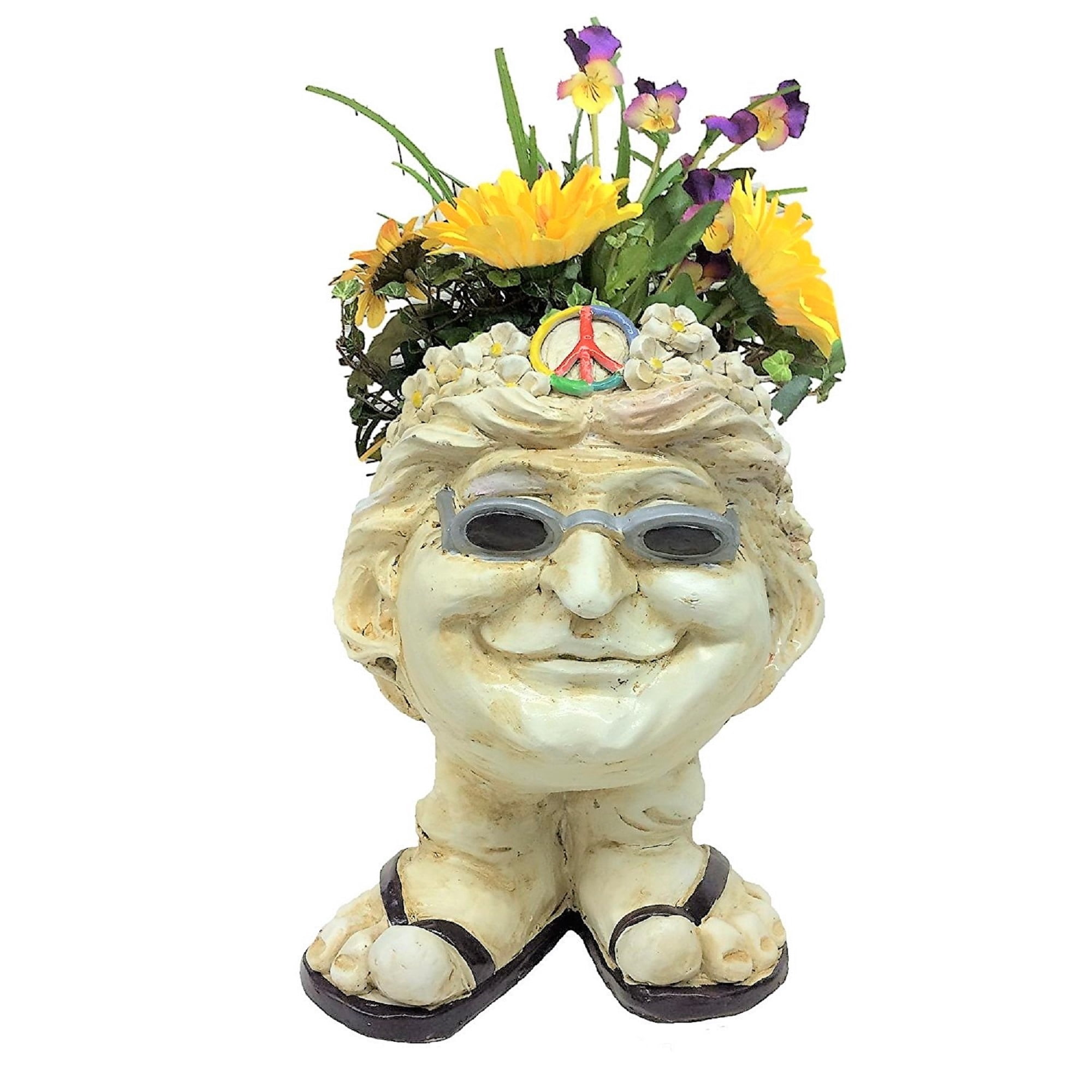 Homestyles 12"H Muggly Hippie Flower Child "Janice" Antique White Accent Face Humorous Planter Garden Statue (Holds 4" Pot)