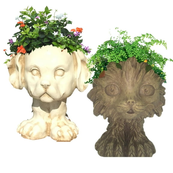 Homestyles 12 in. "Muttley" the Dog & "Scruffy" the Cat Muggly Animal Face Statue Planter Pot