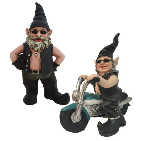 Homestyles 14.5"H Biker "Dude" & 12"H Babe "Babe" the Biker Gnome Riding Her TEAL Bike in Leather Motorcycle Gear Home & Garden Statue