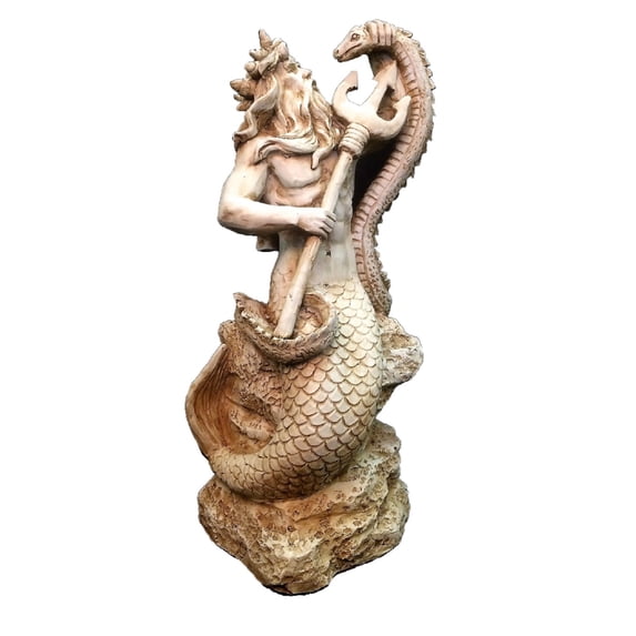 Homestyles 16 in. Antique White Poseidon Ruler of Sea Sitting on Rock Nautical Beach Large Mermaid Statue