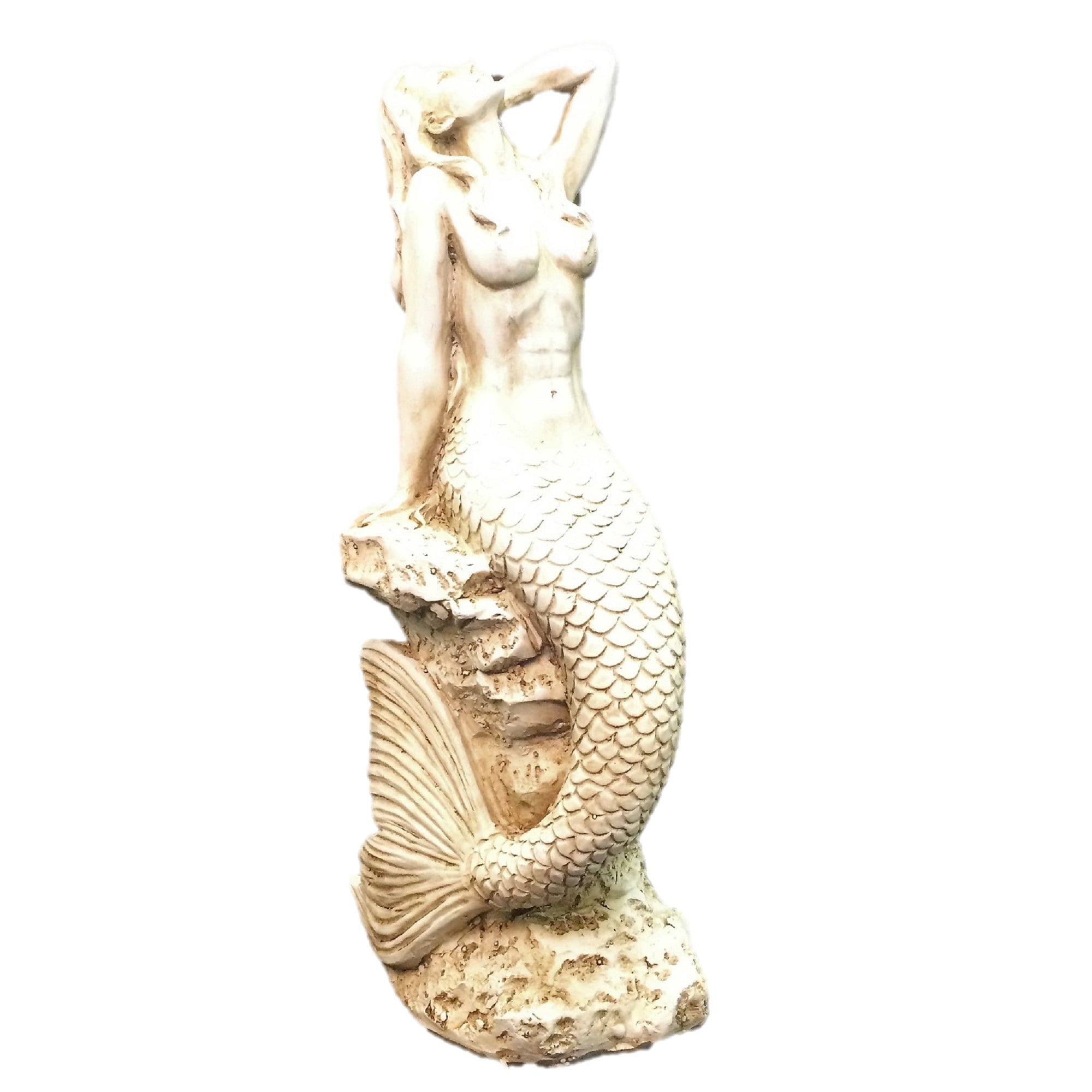 Antique White Mermaid Sitting on Coastal Rock Statue