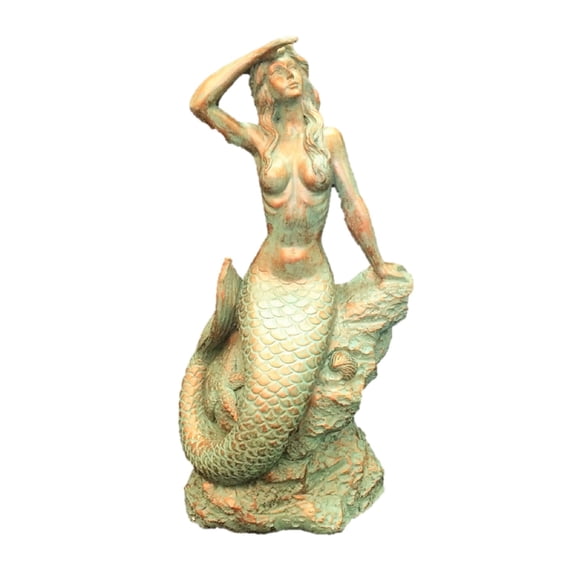 Homestyles 16 in. Bronze Patina Classic Mermaid Sitting on Coastal Rock Looking Out to Sea Beach Nautical Large Statue