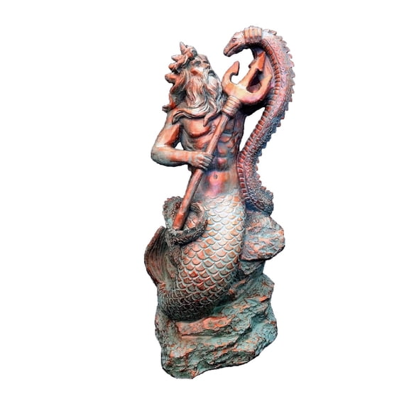 Homestyles 16 in. Bronze Patina Poseidon Ruler of Sea Sitting on Rock Nautical Beach Large Mermaid Statue