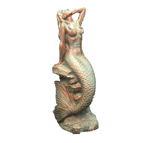 Homestyles 16 in. Bronze Patina Sexy Mermaid Sitting on Coastal Rock Beach Nautical Large Statue