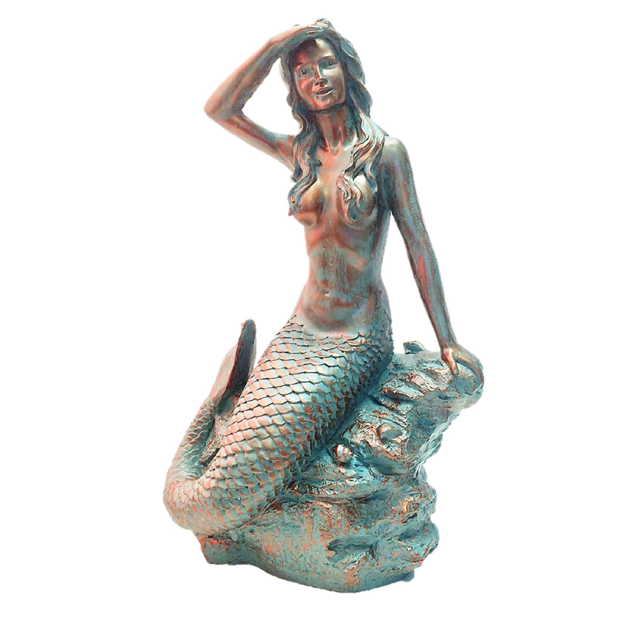 Homestyles 30 in. Giant Classic Mermaid Sitting on Coastal Ocean Rock Looking Out to Sea in Bronze Patina Finish Beach Nautical Garden Statue