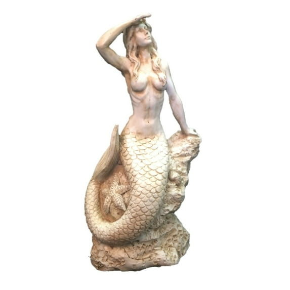 Homestyles 8.5 in. Antique White Classic Mermaid Sitting on Coastal Rock Looking Out to Sea Beach Nautical Statue