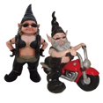 thumbnail image 1 of Homestyles "Biker Babe & Dude" the Biker Gnome in Leather Motorcycle Gear Riding His Red Hog Large Outdoor Garden Statue 14.5"H and 12"H, 1 of 6