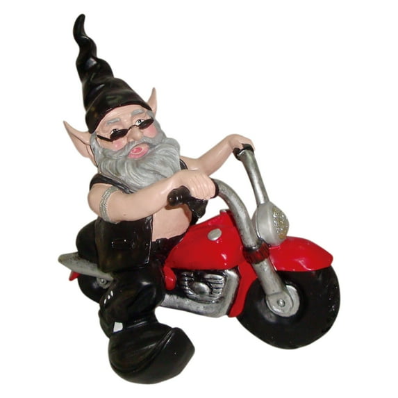 Homestyles "Biker Dude" the Biker Gnome in Leather Motorcycle Gear Riding His Red Bike Outdoor Home & Garden Statue 12"H
