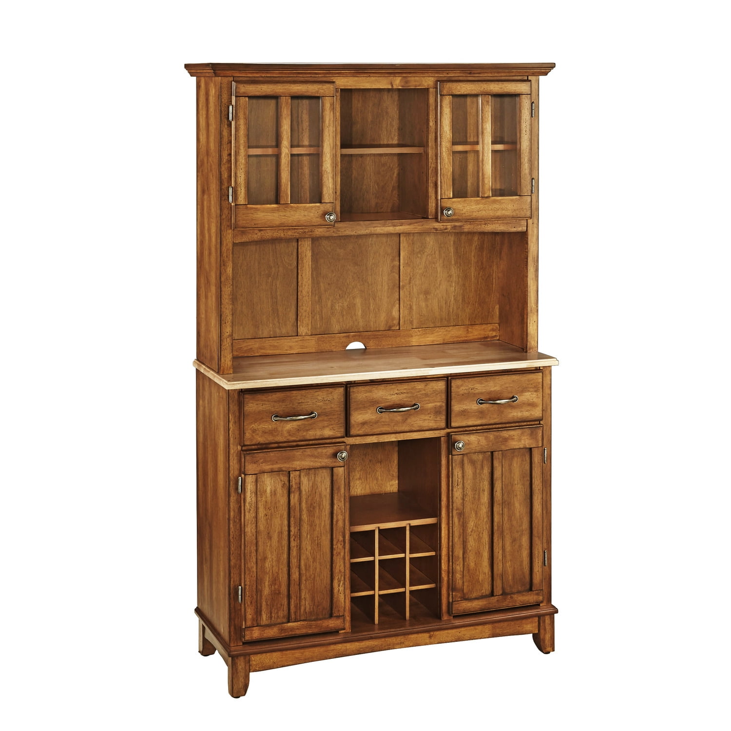 Cottage Oak Wood Buffet with Hutch and Glass Doors