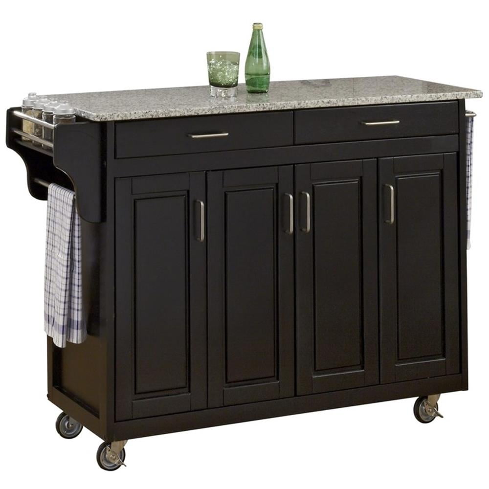 Black Granite Top Kitchen Cart with Storage and Spice Rack