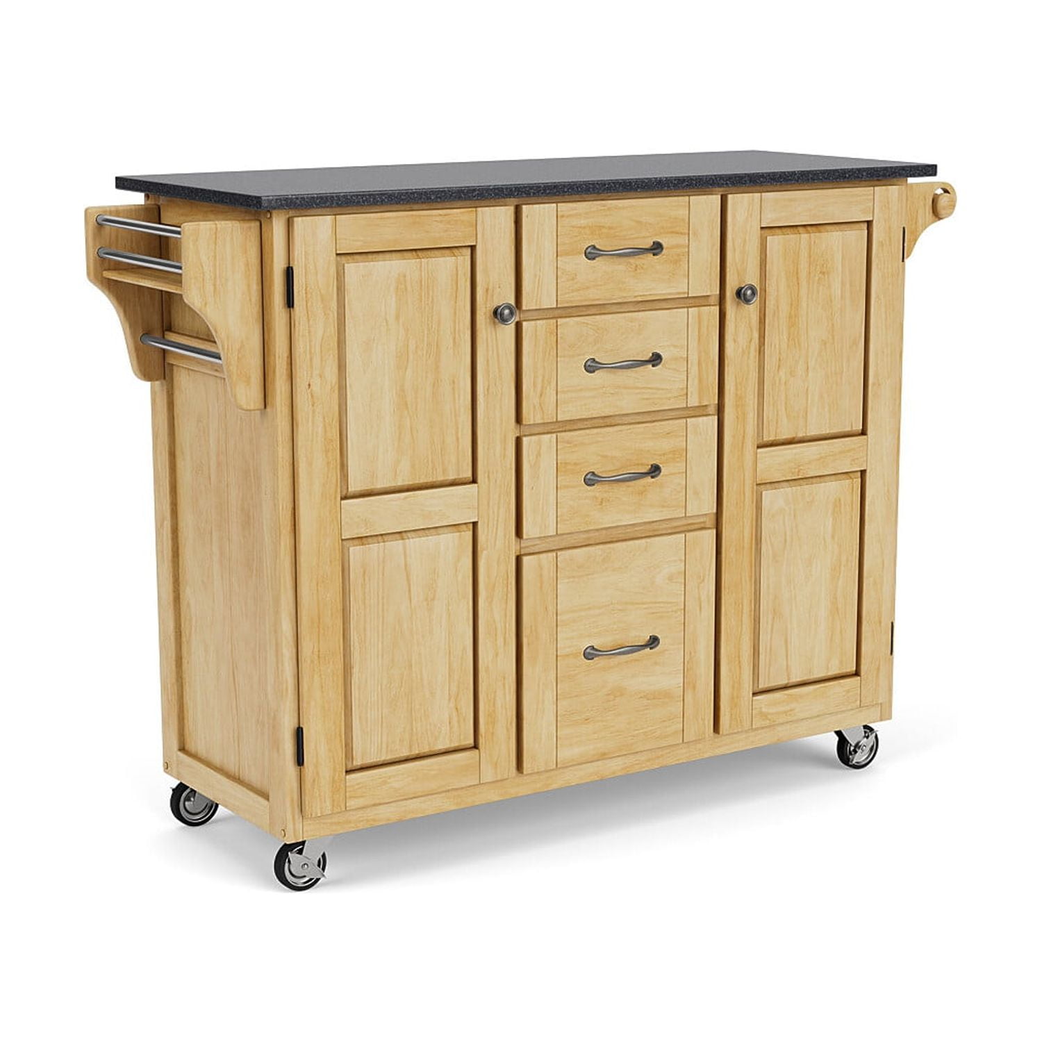 Natural Wood Kitchen Cart with Black Granite Top and Storage