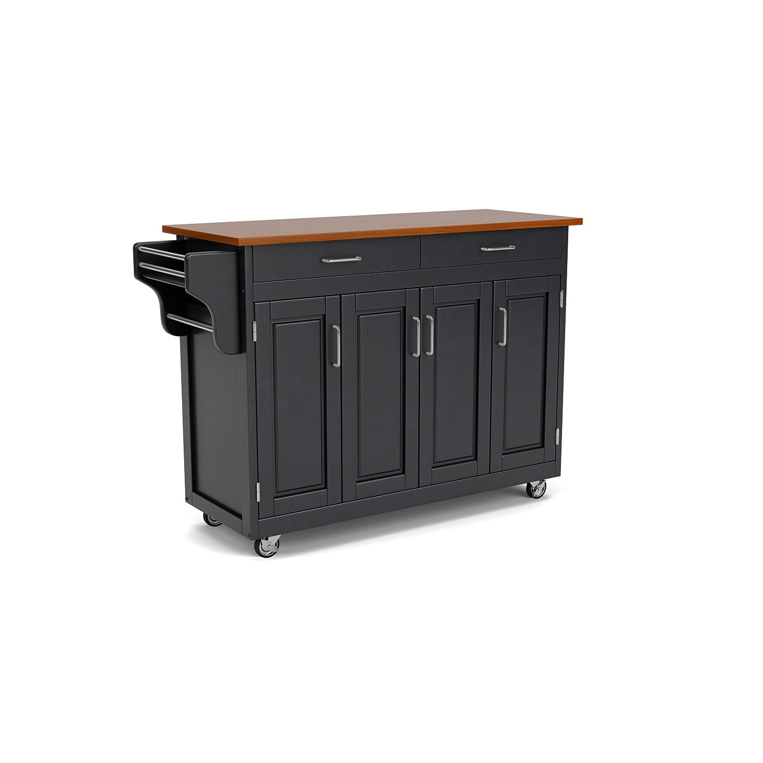 Black Wood Kitchen Cart with Oak Top and Storage