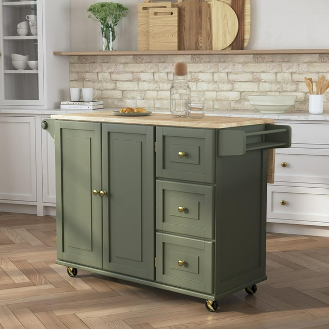 Homestyles Dolly Madison Sage Green/Brass Kitchen Cart with Wooden Top