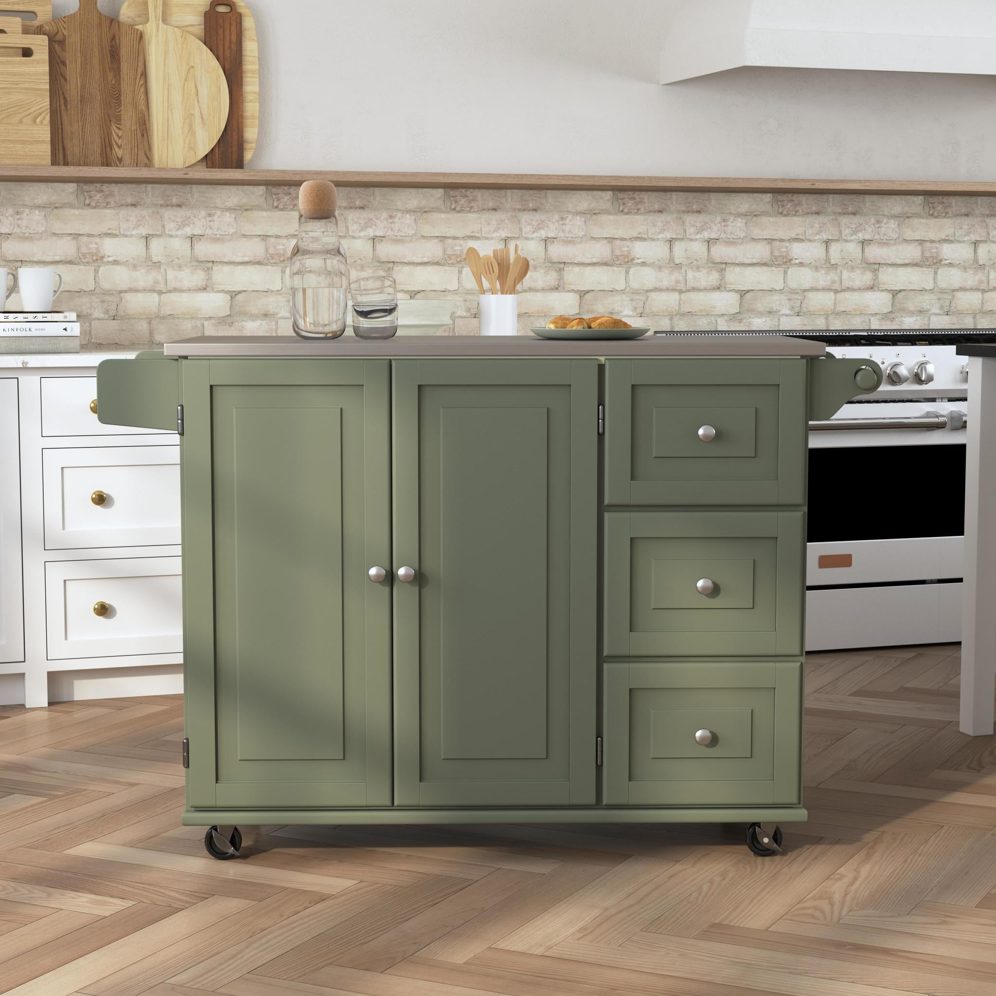 Sage Green Stainless Steel Top Kitchen Cart with Storage