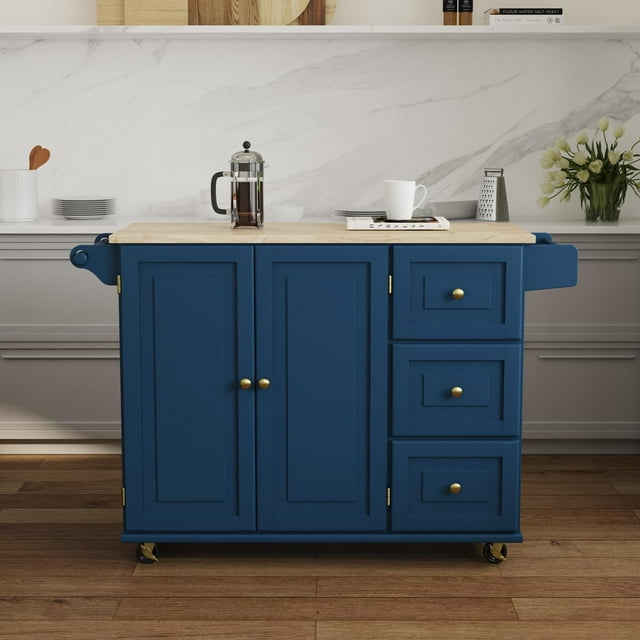 Homestyles Dolly Madison Blue/Brass Kitchen Cart with Large Modern Top