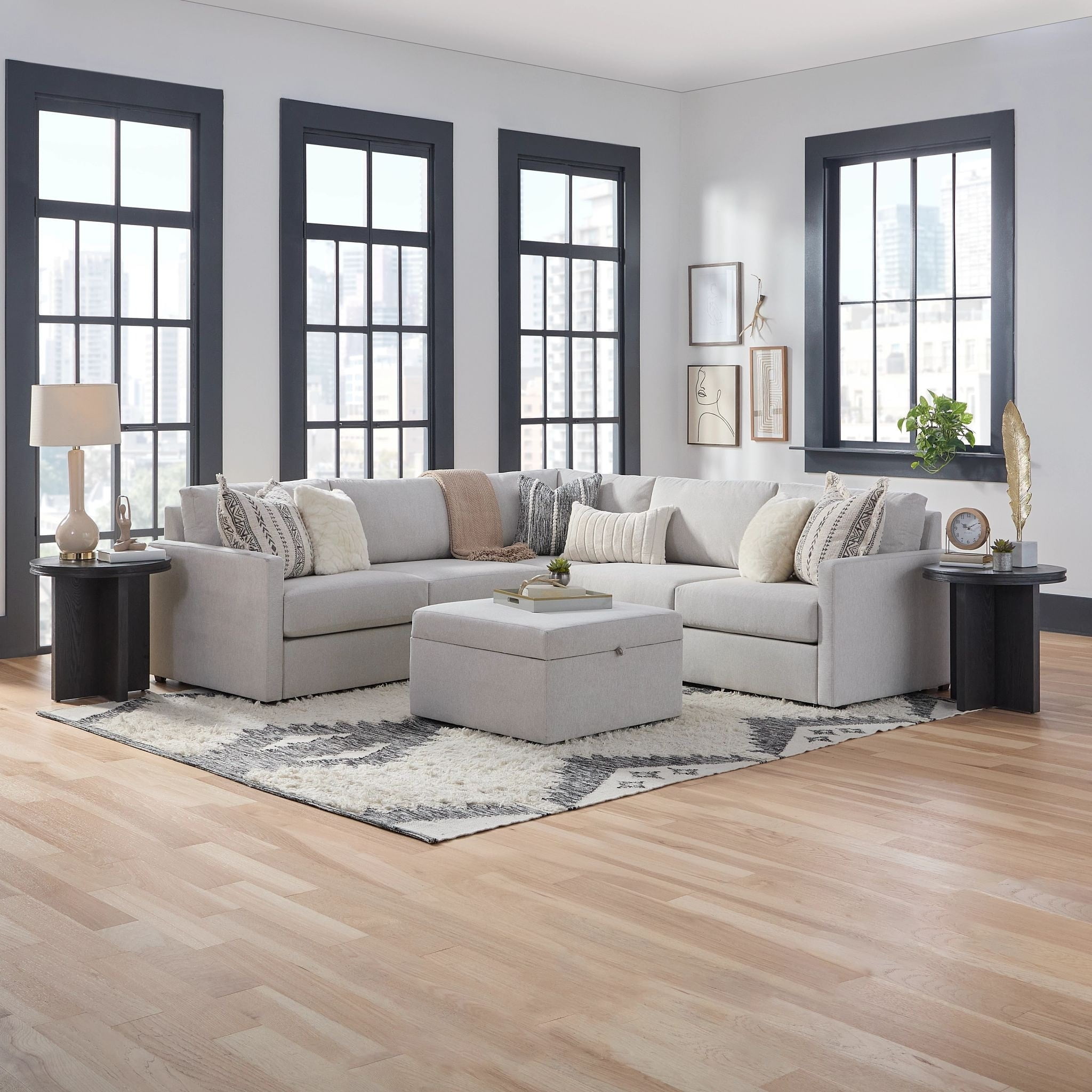 Taupe Fabric Five-Piece Sectional with Storage Ottoman and Track Arm