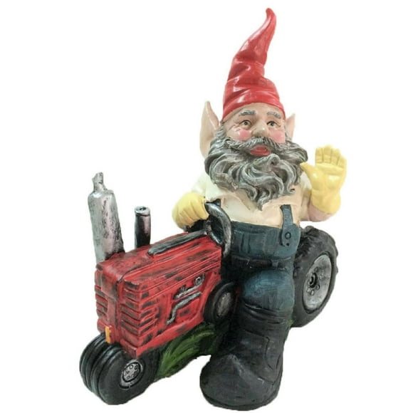 Homestyles Gardener Gnome Riding His Farmer Tractor and Waving "Hello" Large Outdoor Garden Statue 12"H