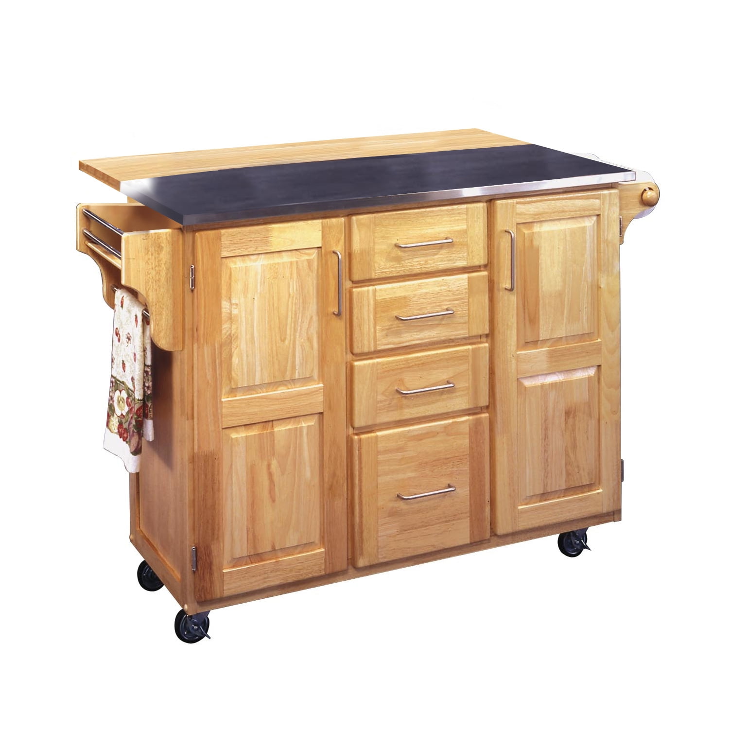 Natural Wood Kitchen Cart with Stainless Steel Top and Drop Leaf
