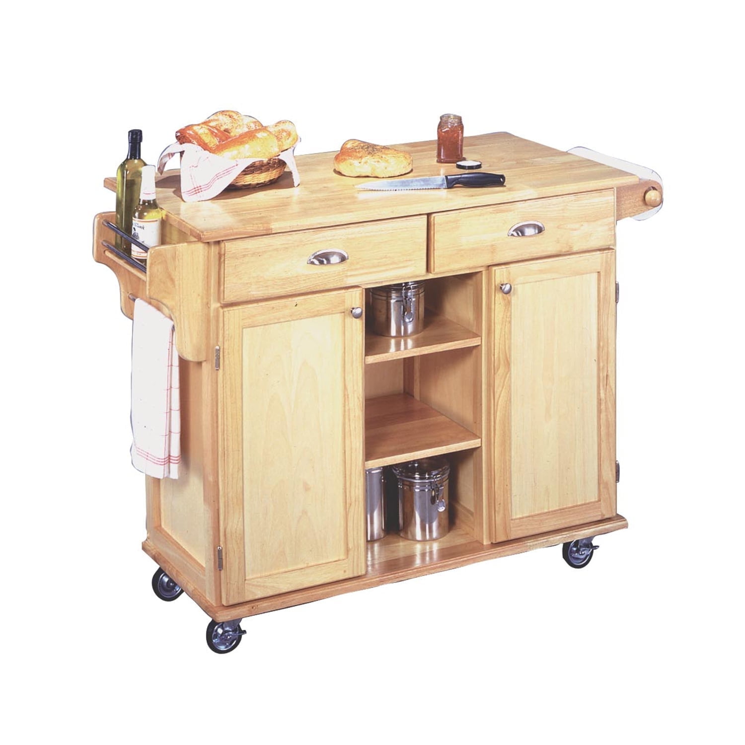 Natural Wood Kitchen Cart with Wine and Spice Rack