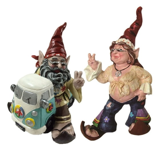 Homestyles Janice "Chick" Flower Child and Jerry "Peace Man" Groovy Hippie Gnome Riding in His VW Bus Garden Statue Set