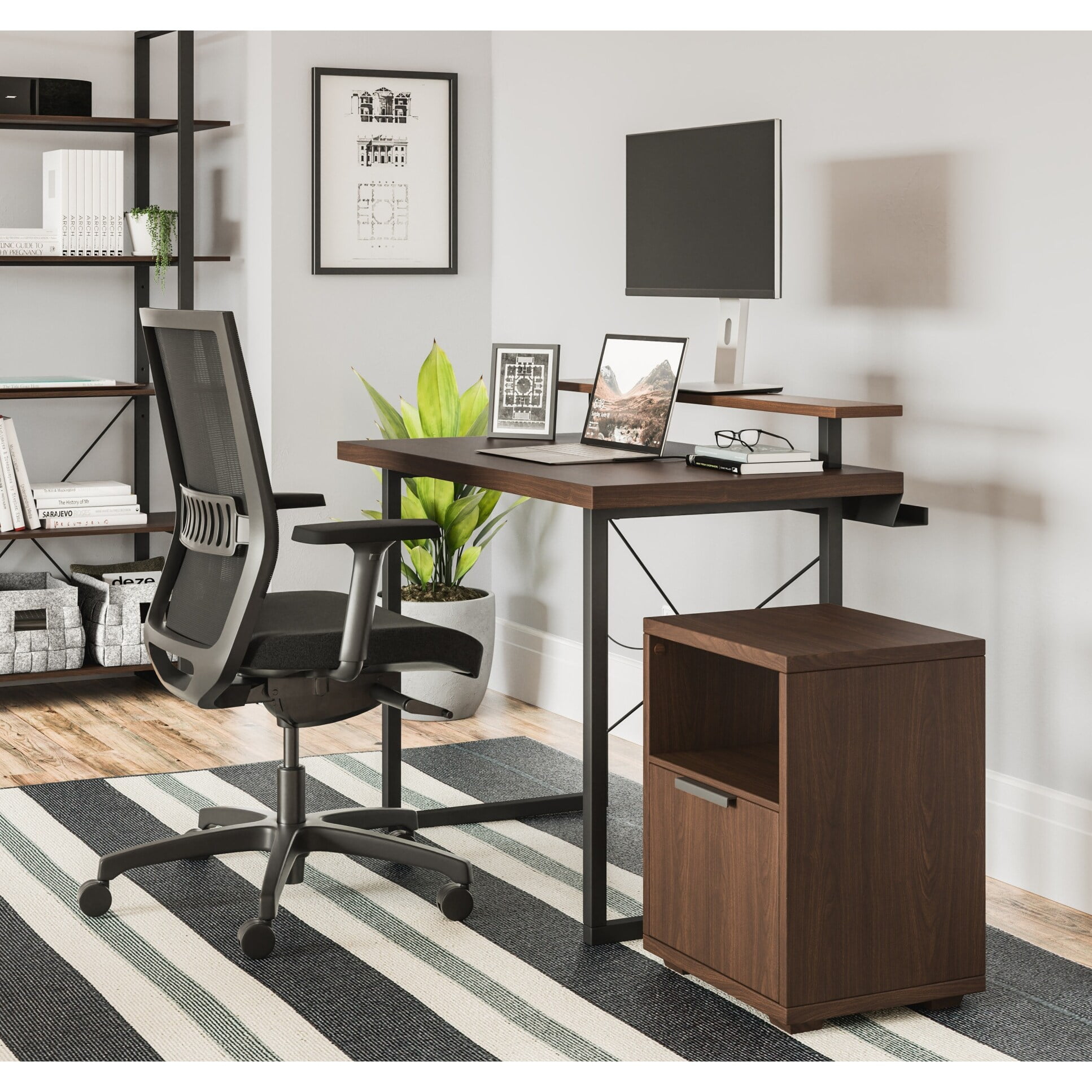 Walnut Veneer Compact Office Desk with Monitor Stand & File Storage