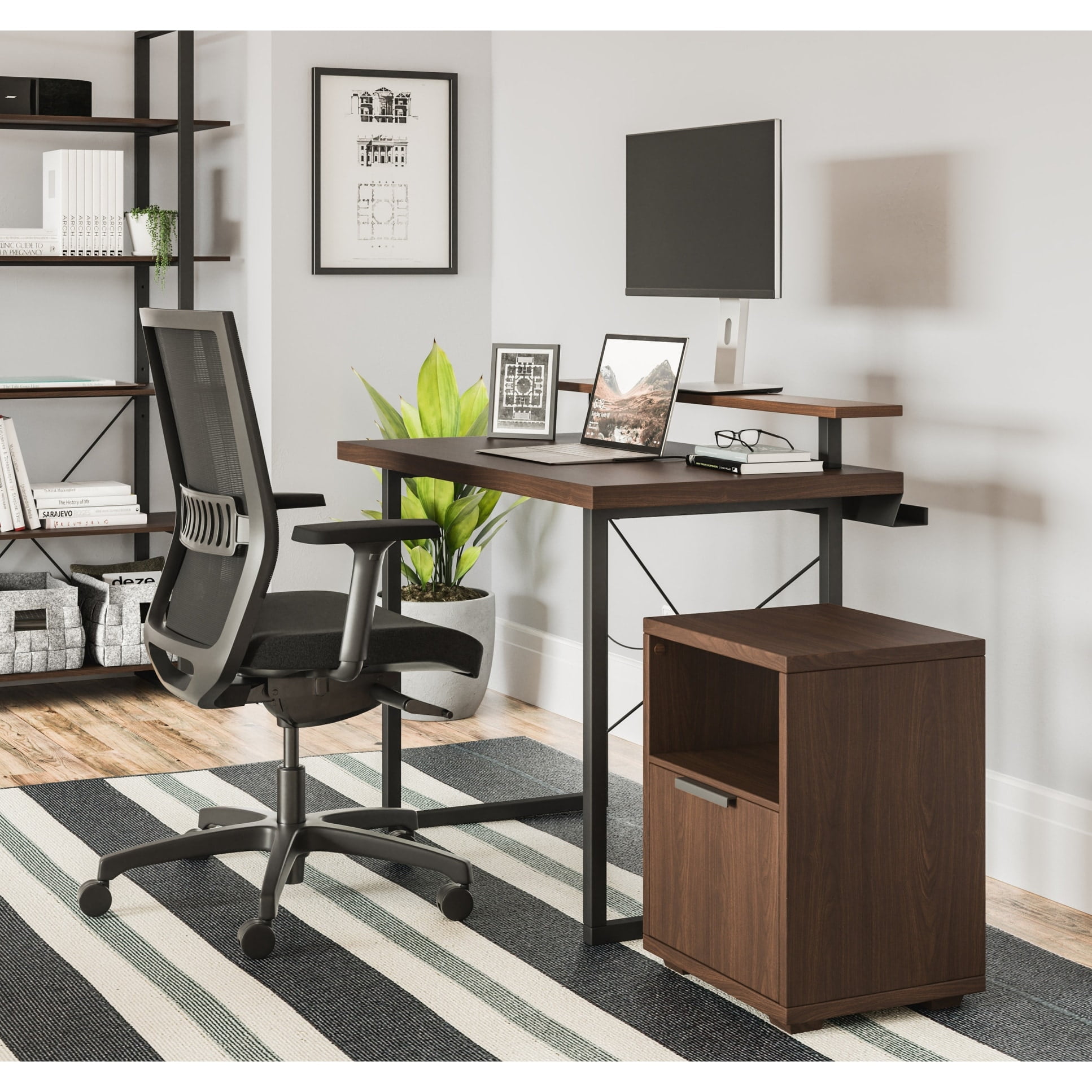 Walnut Veneer Compact Office Desk with Monitor Stand & File Storage