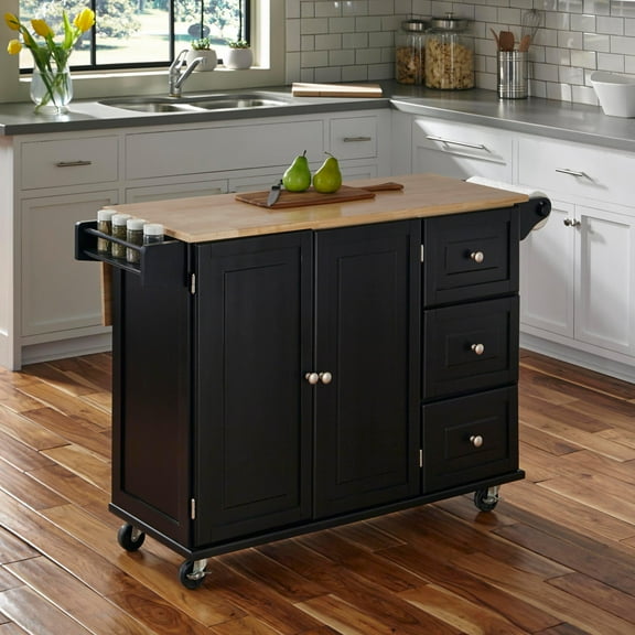 Homestyles Mobile Kitchen Island Cart with Wood Drop Leaf Breakfast Bar in Black