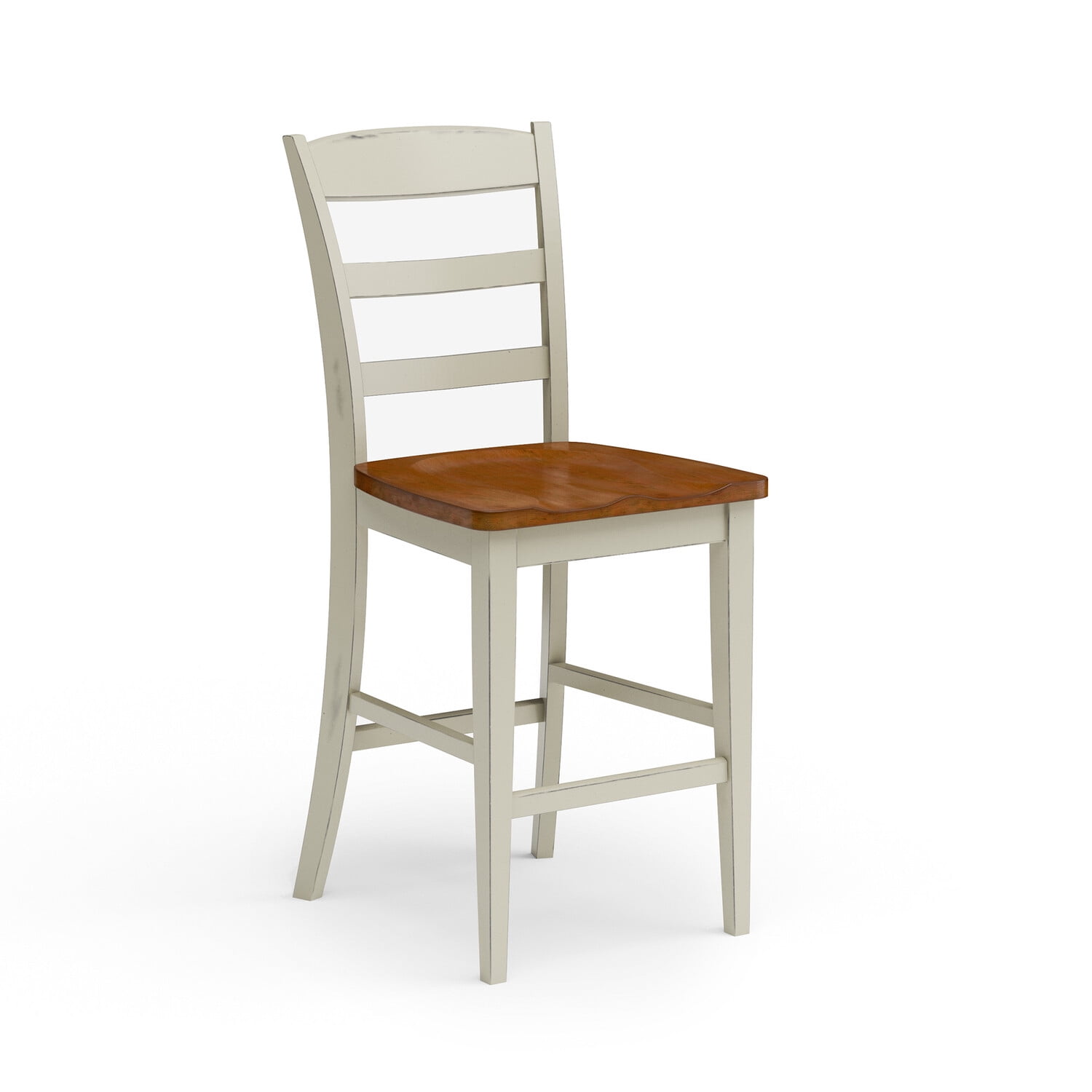 Antique White and Oak Wood Counter Stool with Slatted Back