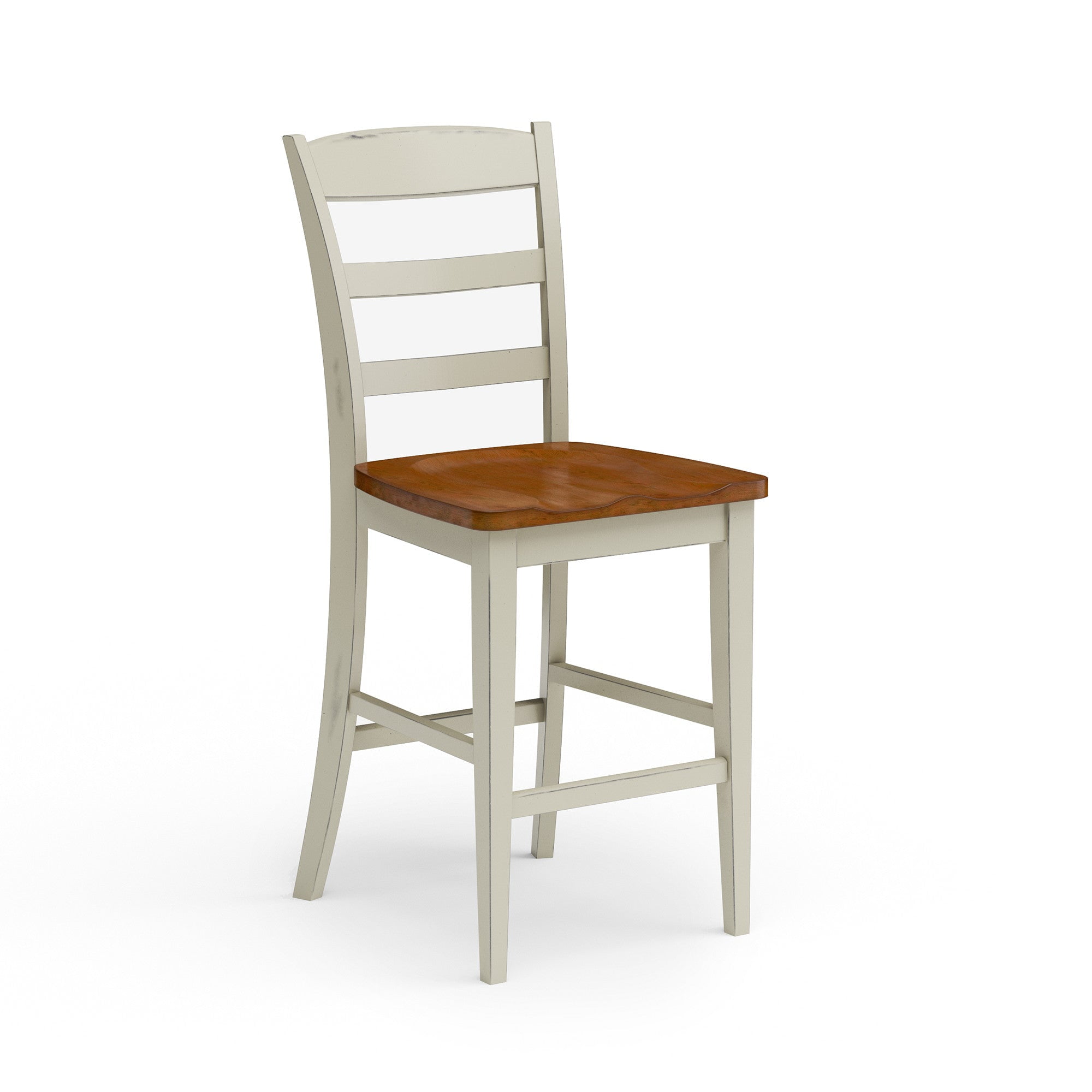 Antique White and Oak Wood Counter Stool with Slatted Back