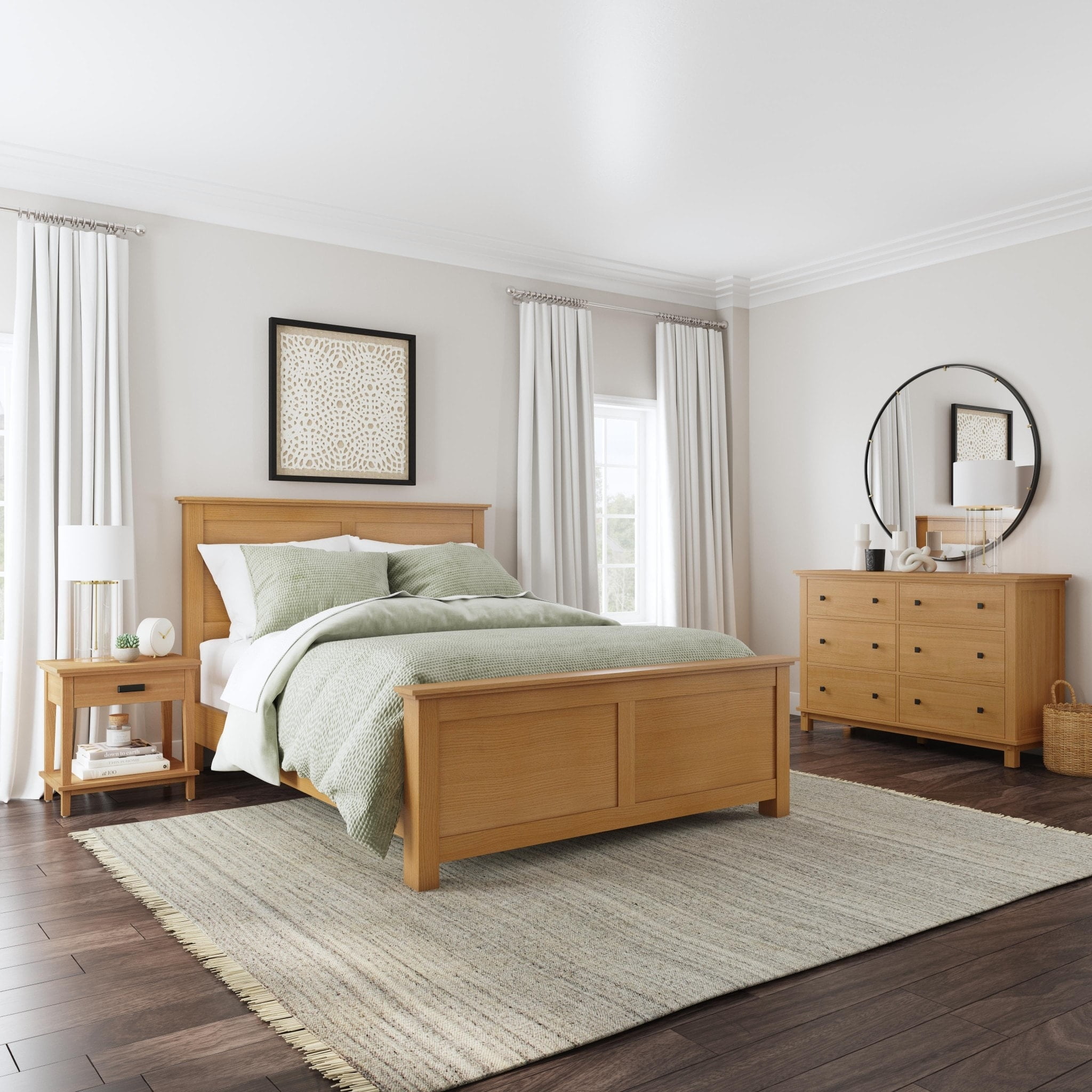 Oak Park Light Brown Wood Queen Bedroom Set with Nightstand and Dresser