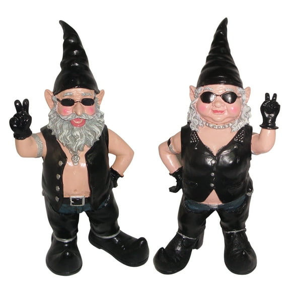Homestyles Peace Sign "Biker Dude & Babe" the Biker Gnome in Leather Motorcycle Riding Gear 2-Piece Set Home & Garden Large Outdoor Statue 14.5"H
