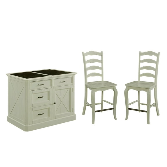 Homestyles Seaside Lodge Off White Wood Kitchen Island Set-Finish:Hand rubbed white,Style:Kitchen Island and 2 Stools