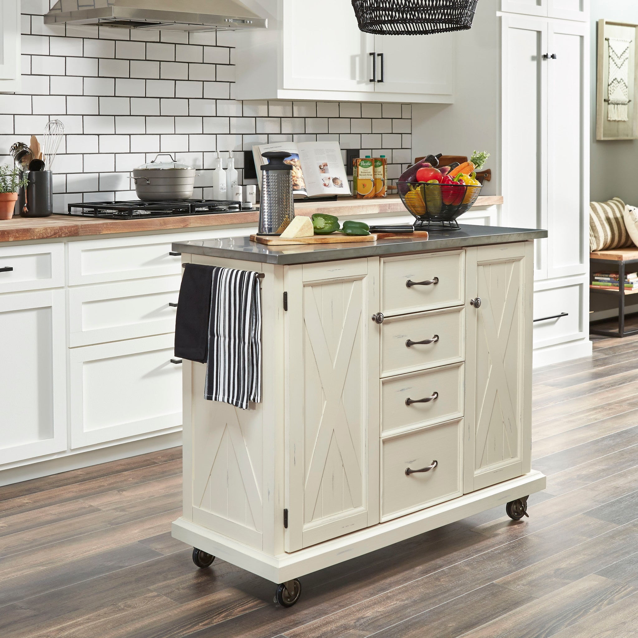 Off-White Rectangular Stainless Steel Top Kitchen Cart with Storage