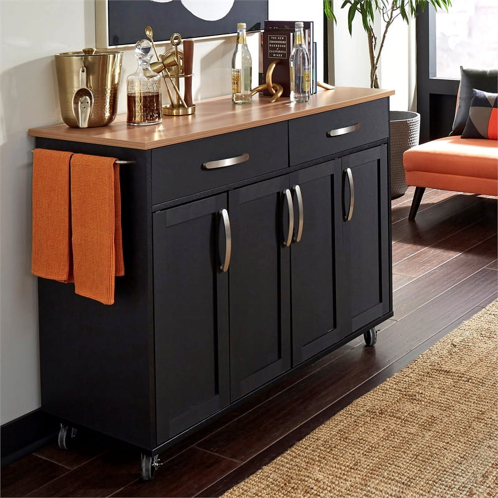 Black Wood Kitchen Cart with Natural Laminate Top and Storage
