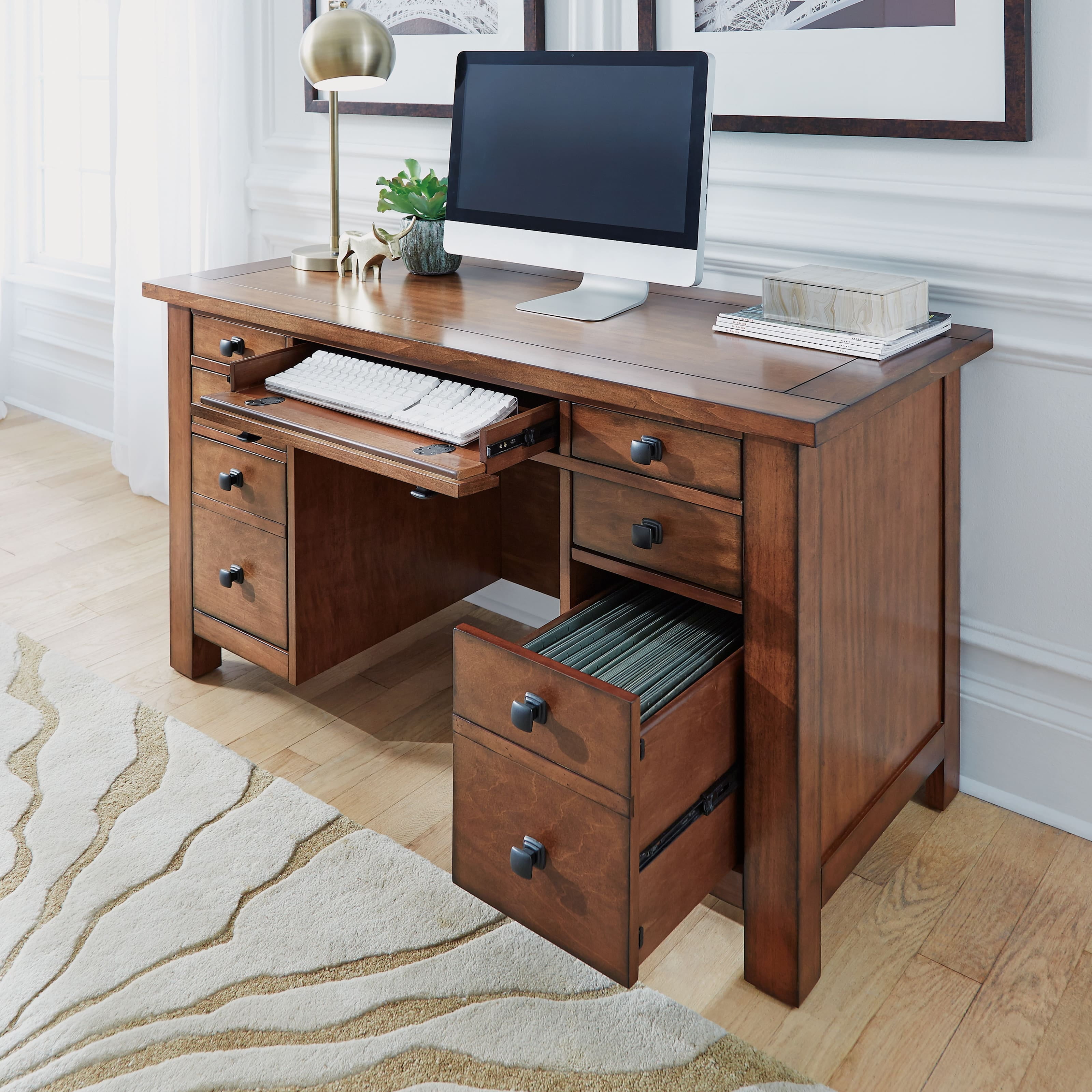 Aged Maple Executive Desk with Antiqued Bronze Pulls and Filing Cabinet